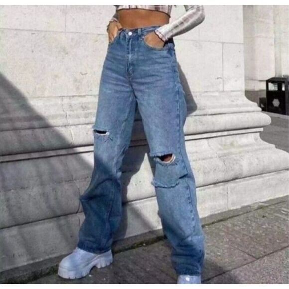 Tiger Mist Jeans X-Small‎ High-Waisted Wide Leg Distressed Baggy Medium Washed - Picture 2 of 11